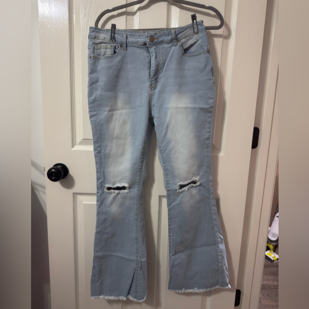 Light Blue Distressed Flare Jeans - Women's Wide Leg